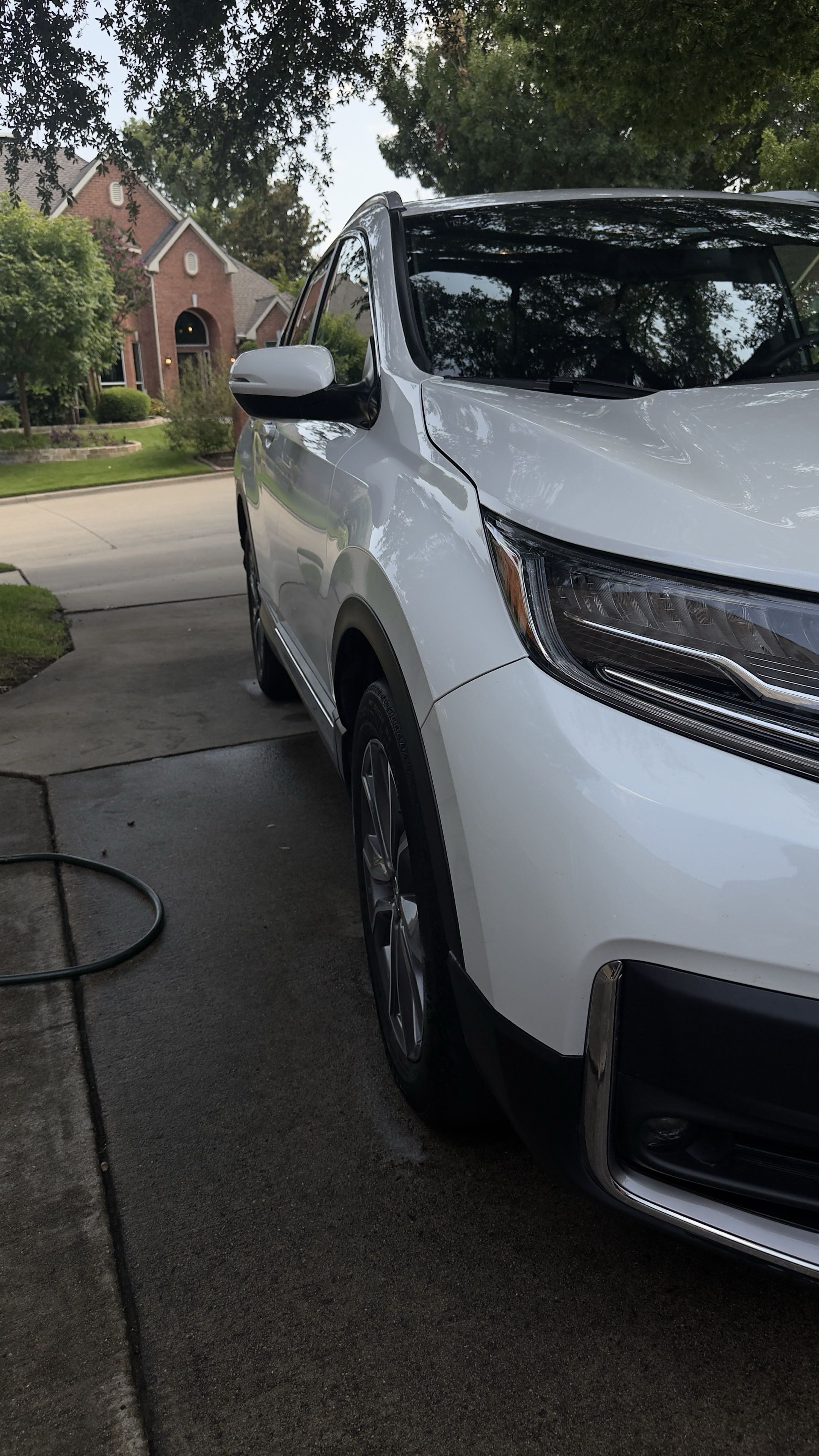Close-up of glossy, freshly detailed white paint and headlight